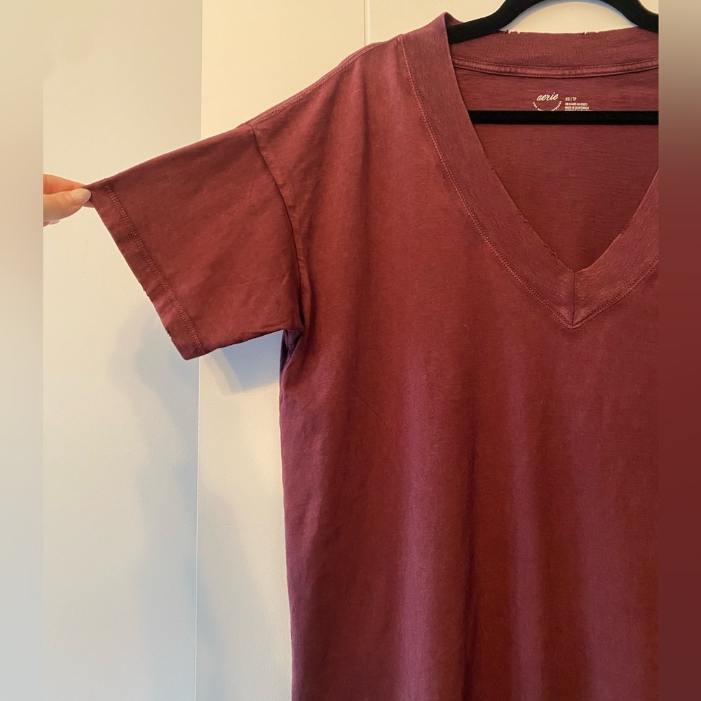 AERIE- Women's V-Neck T-Shirt in Burgundy - Picture 3 of 6